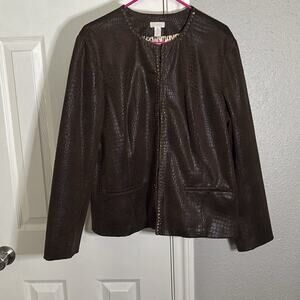 Chicos Womens Jacket Brown Crocodile Embossed Hook & Eye Embellished Size 3